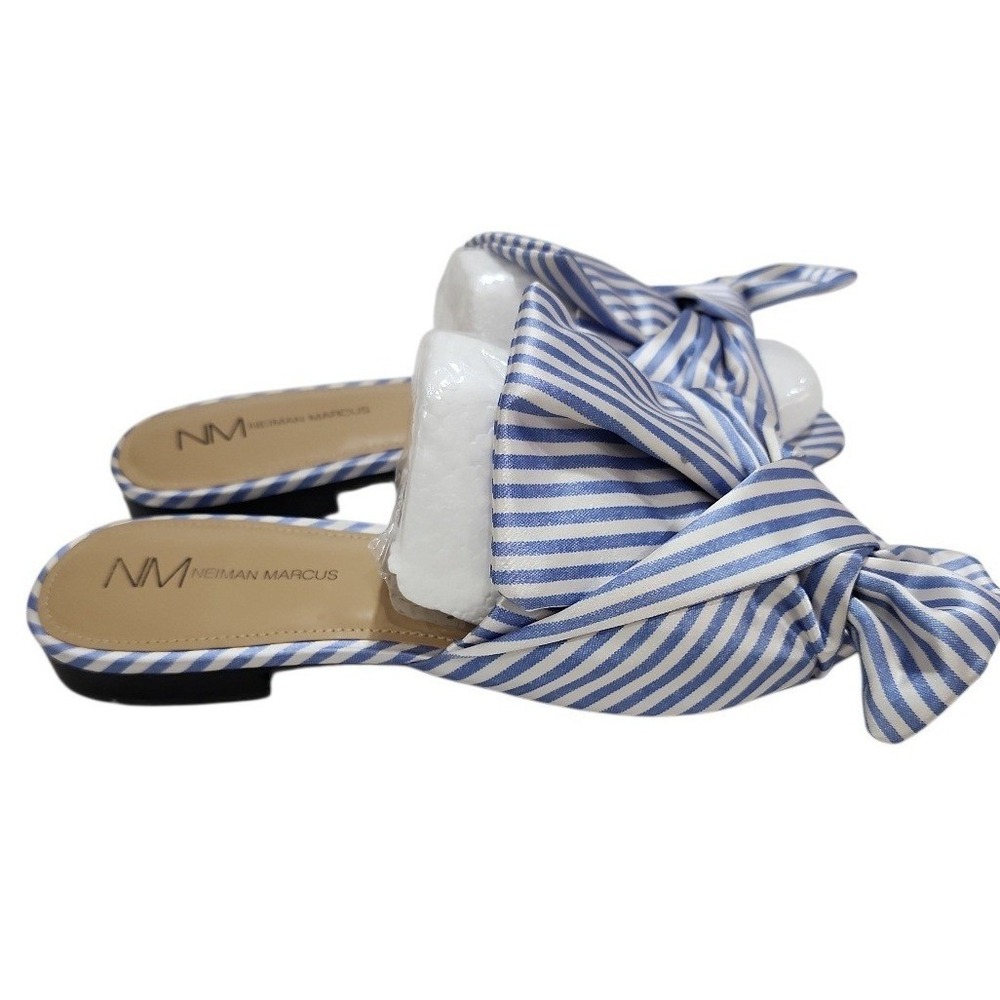 Neiman Marcus Nineya Blue Striped Bow Slide Sandals Womens 8 Nautical Resortwear - Picture 6 of 10